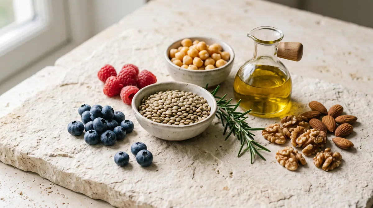 Lentils, chickpeas, berries, nuts and olive oil in close-up