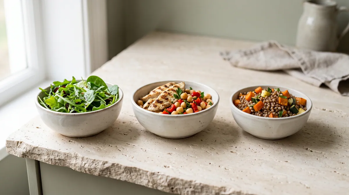 A plate divided into sections: half vegetables, a quarter protein, a quarter whole grains