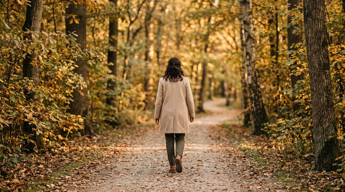 A woman walking unhurriedly along an autumn avenue after lunch