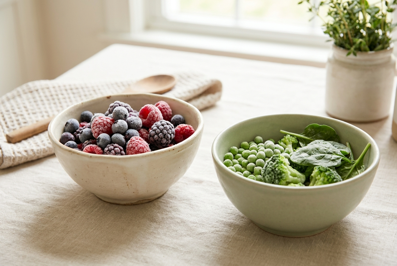 Frozen berries and vegetables in ceramic bowls — a smart choice