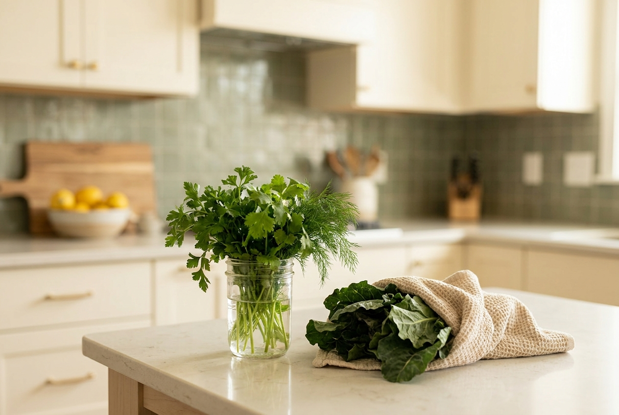 Fresh greens standing in a glass of water on a kitchen countertop
