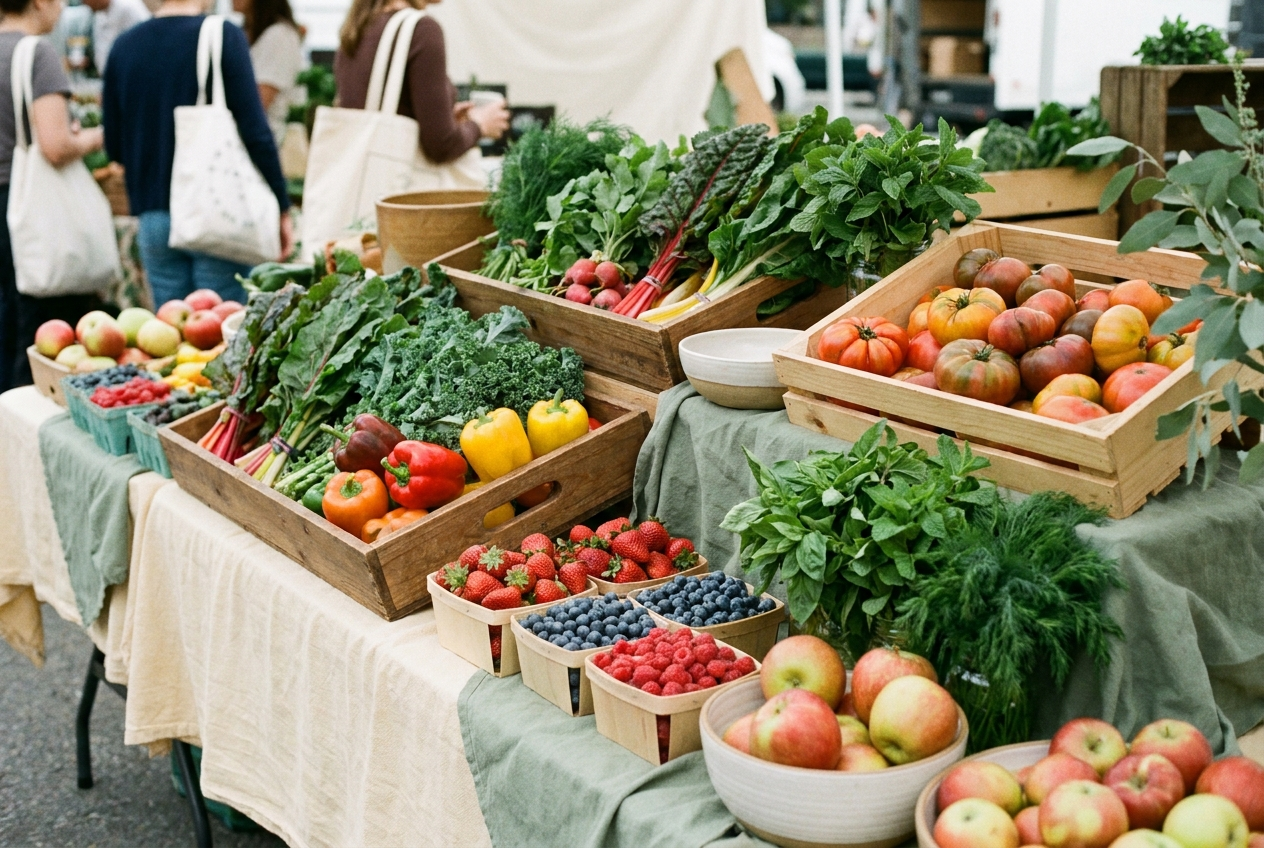 An abundance of fresh seasonal vegetables and fruits at a farmer's market