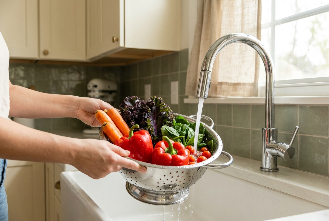 Hands washing fresh vegetables under running water in a colander