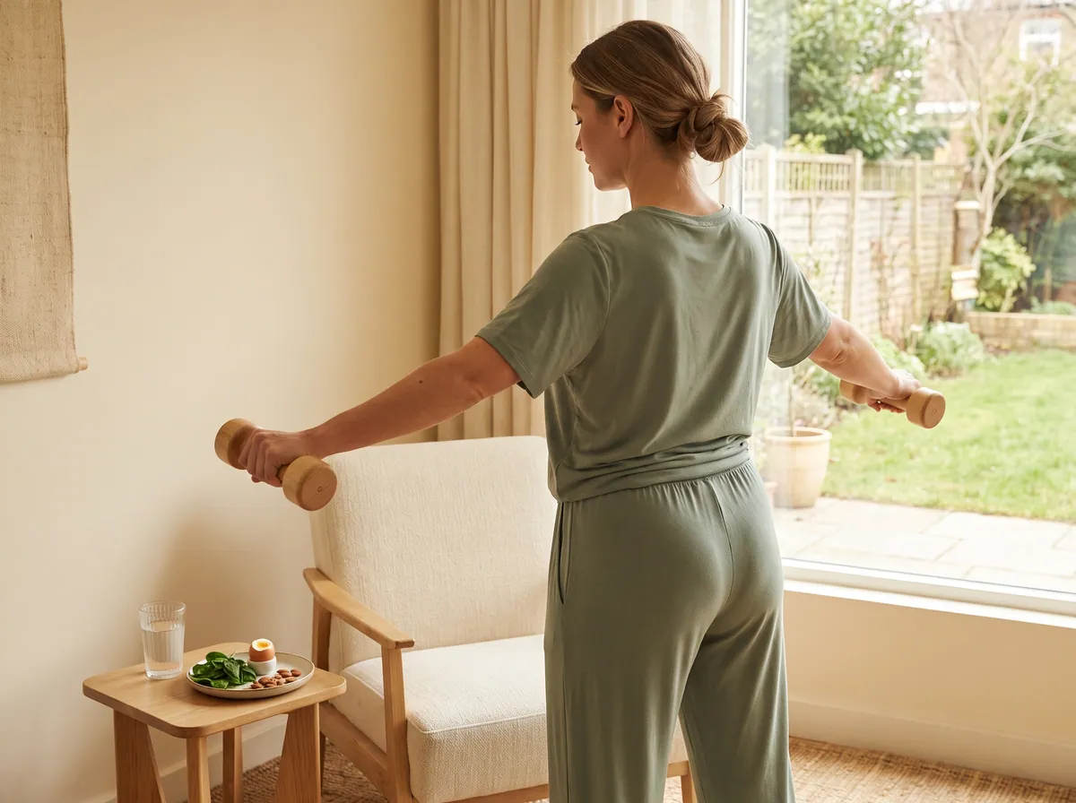 A woman exercising with dumbbells at home by a window, with a glass of water and a plate of protein-rich food nearby