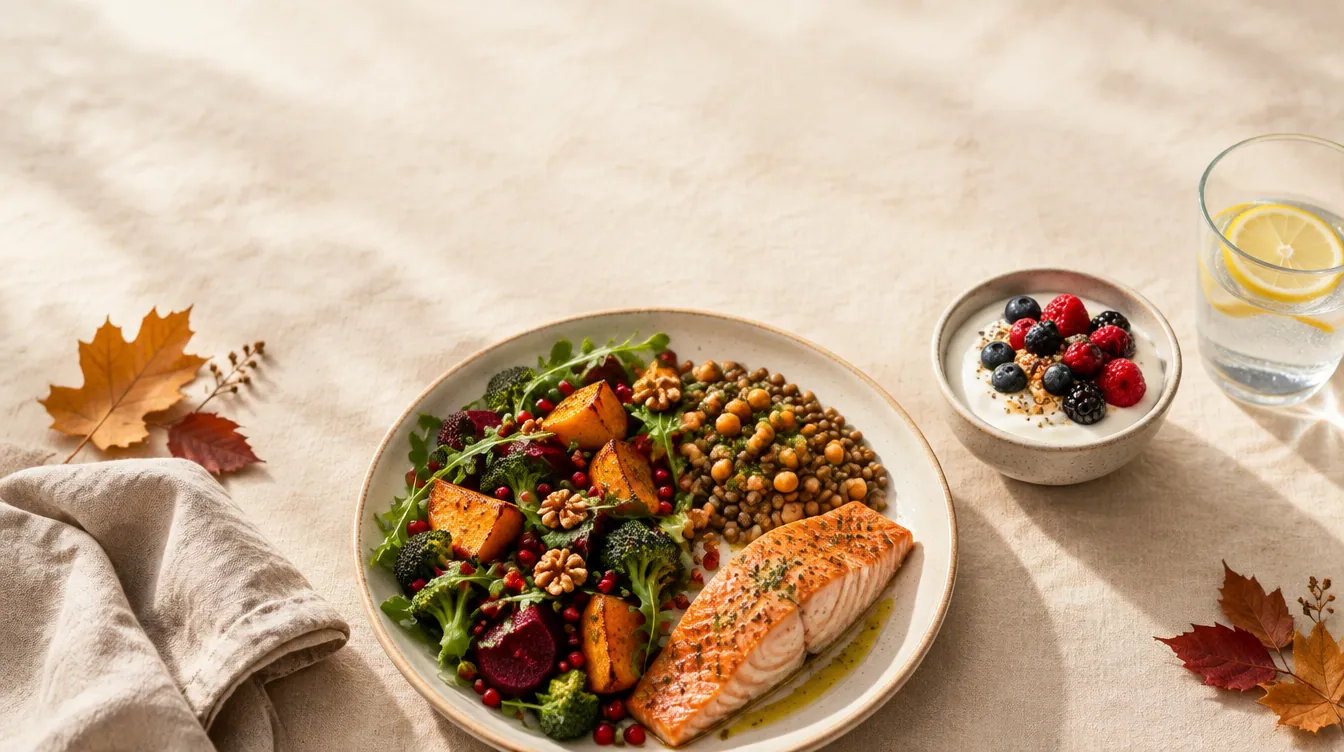 A balanced plate following The Better Plate principle: vegetables, lentils, chickpeas and salmon on a light linen tablecloth in autumn light