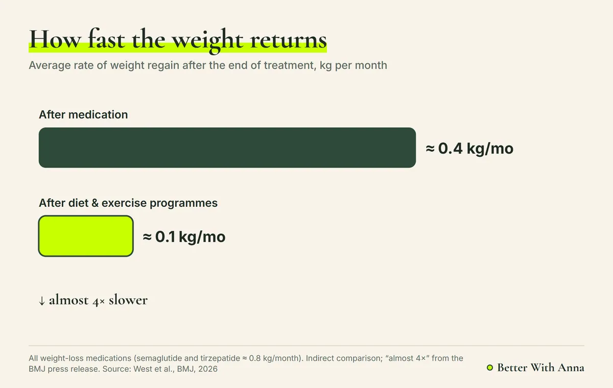 BMJ 2026 meta-analysis chart: after medication weight returns at about 0.4 kg per month, after diet and exercise programmes at about 0.1 kg